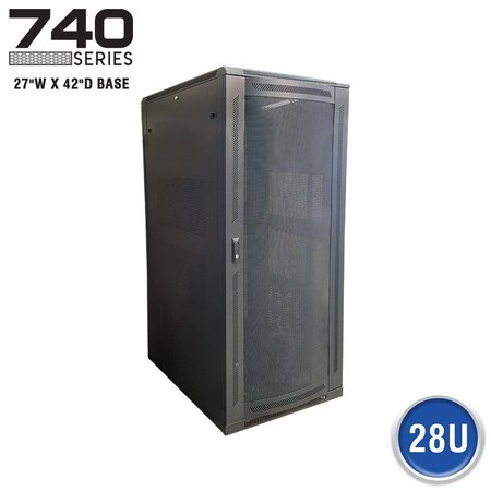 QUEST MFG Floor Enclosure Server Cabinet, Vented Mesh Door, 28U, 4' x 27"W x 42"D, Black FE7419-28-02